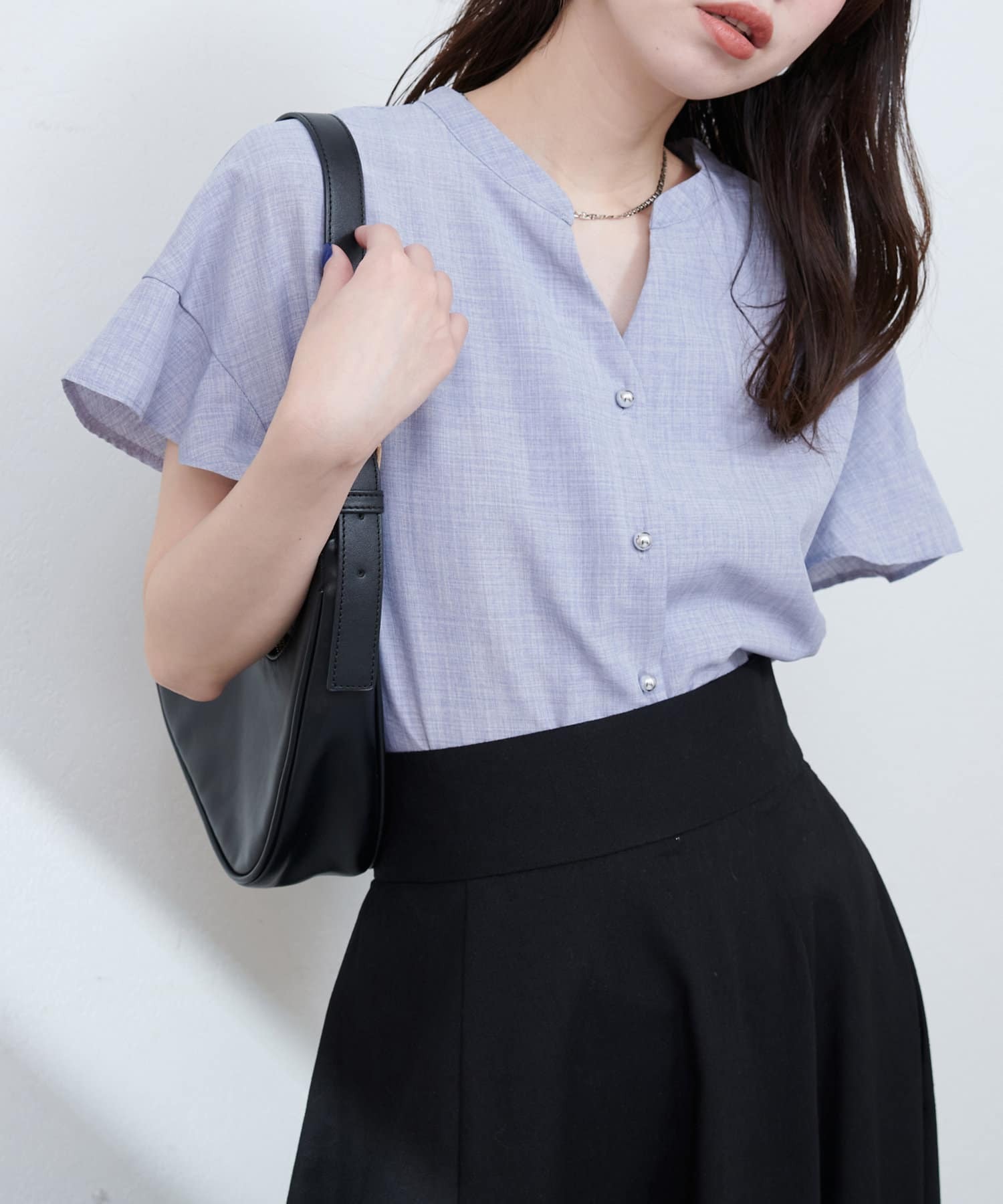 natural couture(ナチュラルクチュール)  麻調合繊フリル袖ブラウス藍（0351040520）