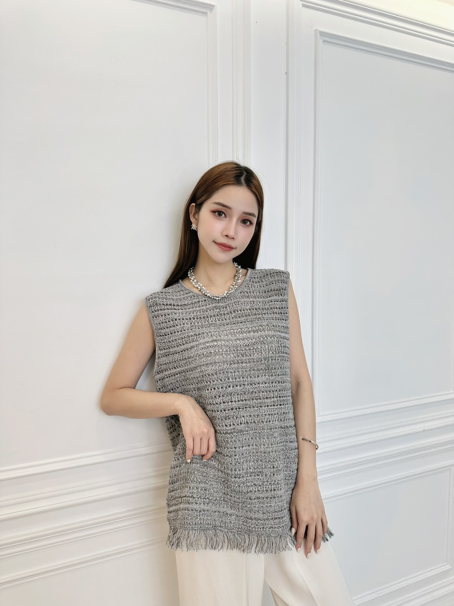 天絲混織流蘇長版背心