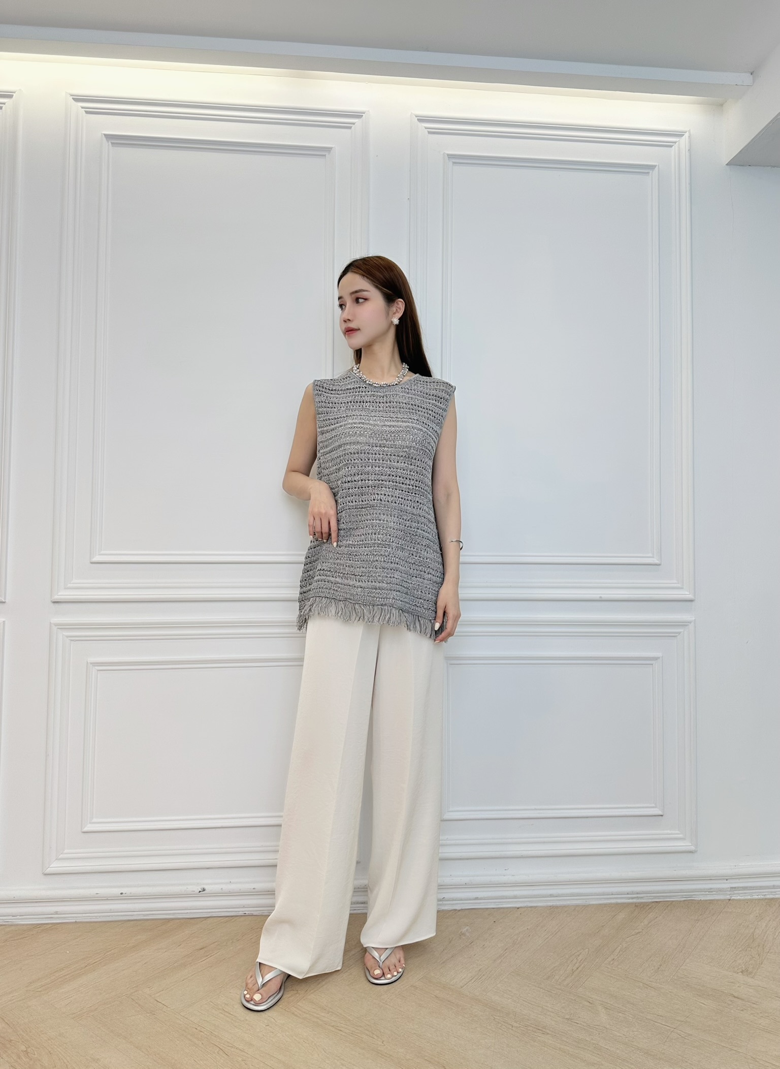 天絲混織流蘇長版背心