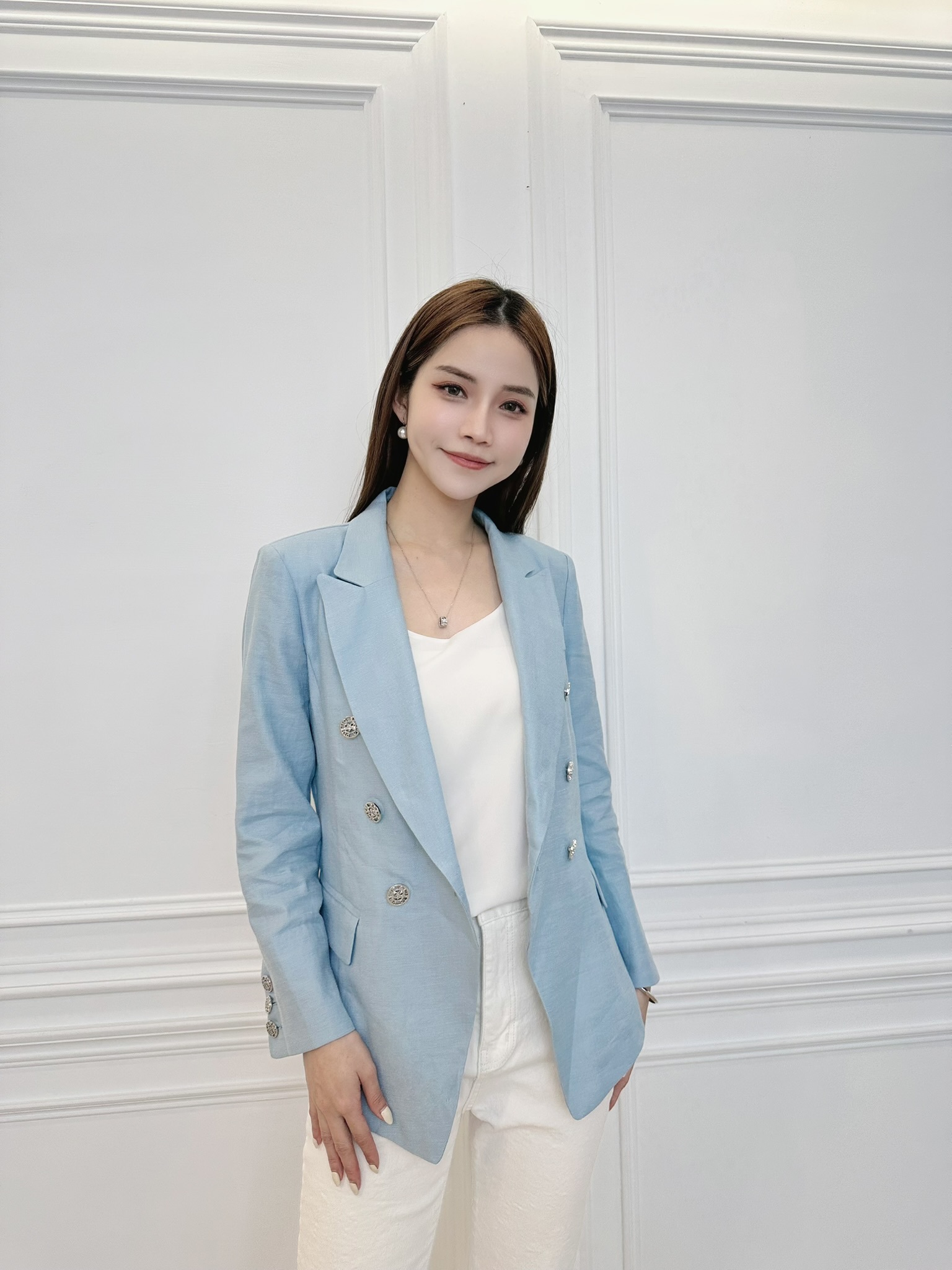 棉麻銀釦翻領西裝外套