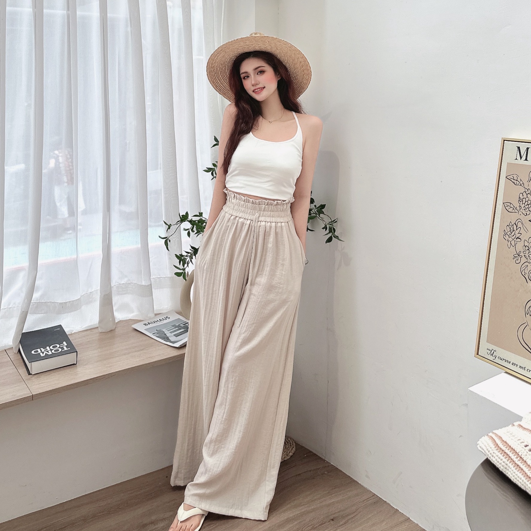 涼感棉麻寬帶鬆緊寬褲/三色