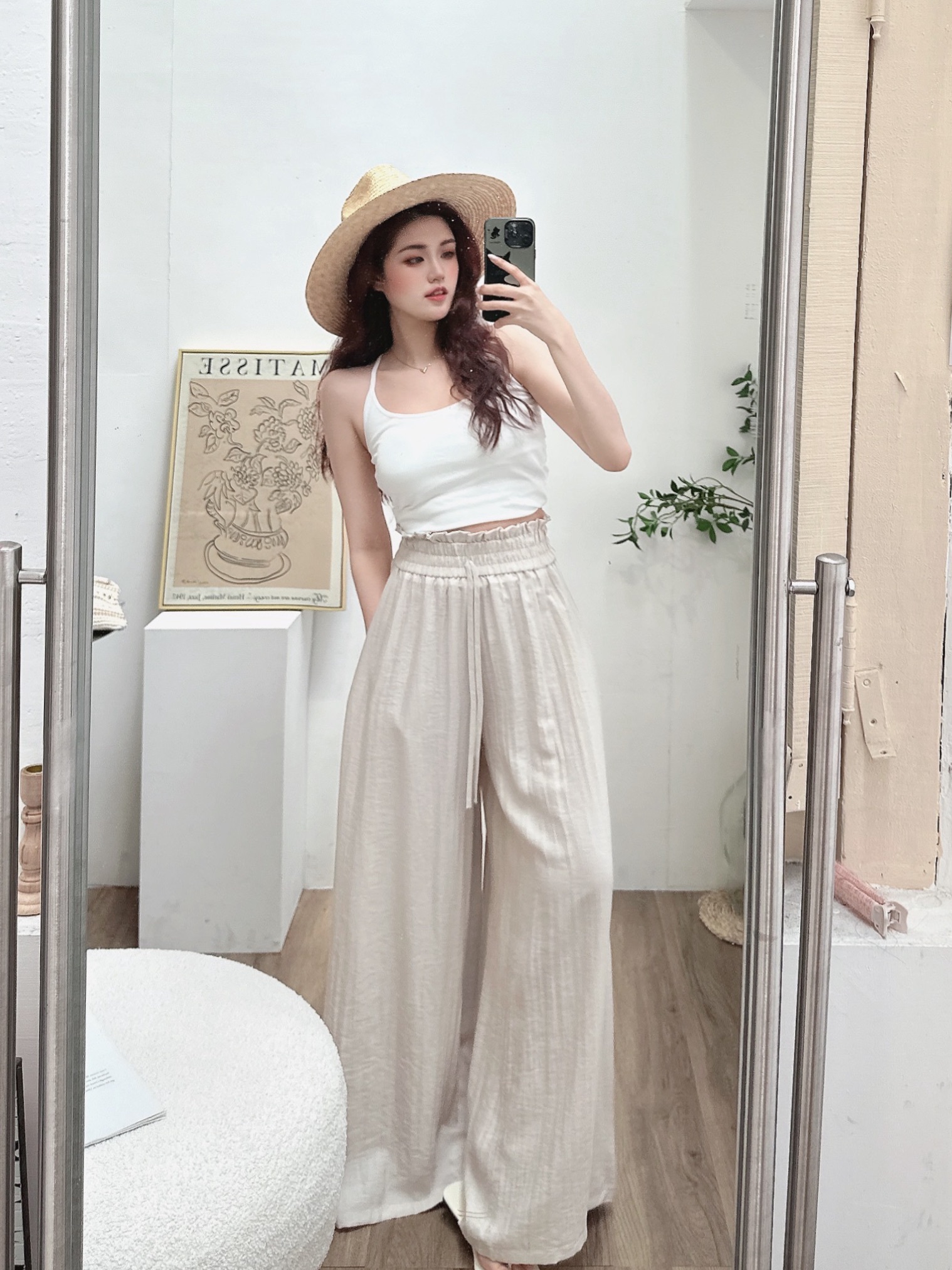 涼感棉麻寬帶鬆緊寬褲/三色