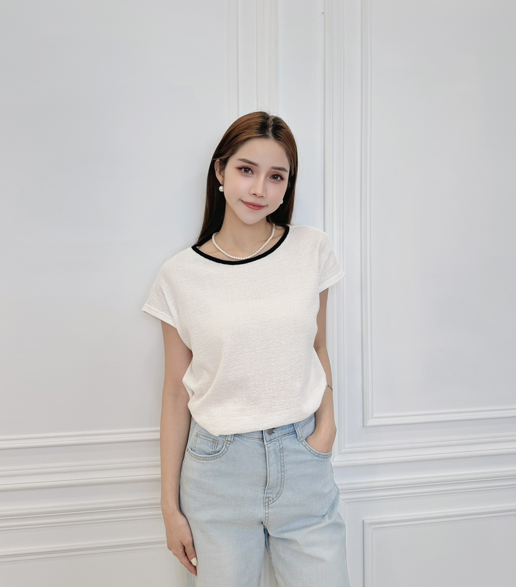 撞色滾邊領紋理短袖上衣