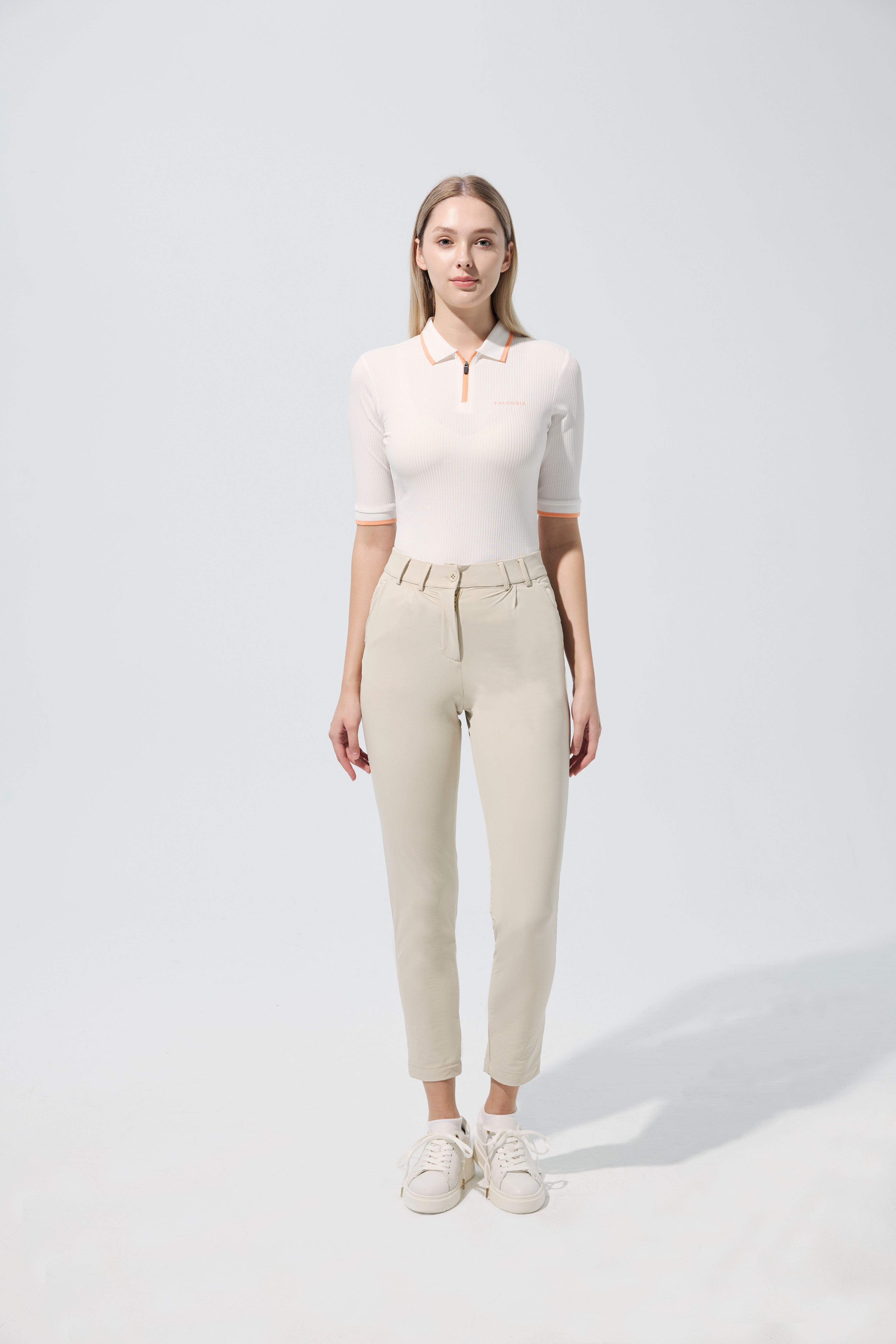 半袖合身純色上衣-亮白橘邊