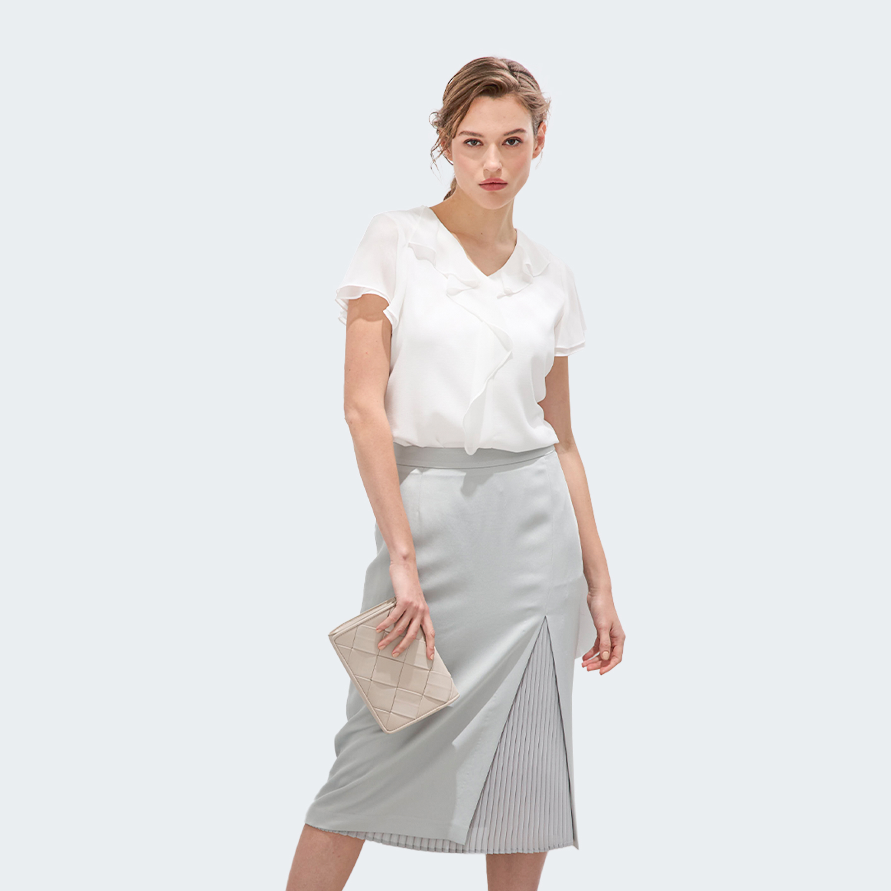 優雅素色壓褶拼接中長裙