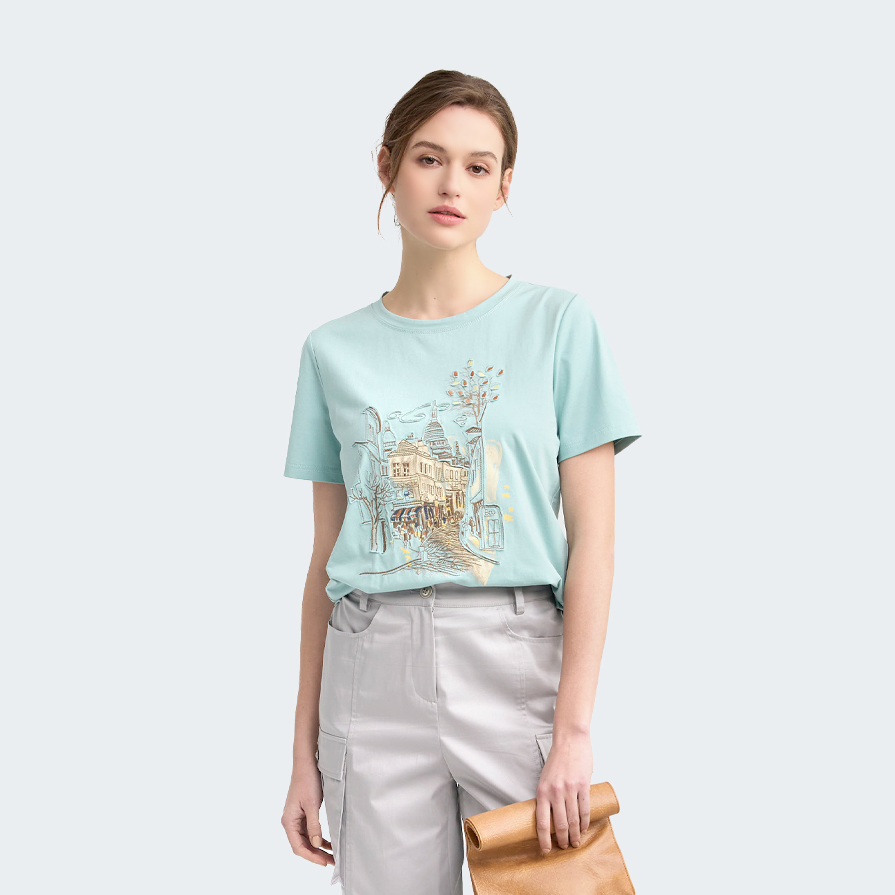 城市街角風景立體刺繡棉T