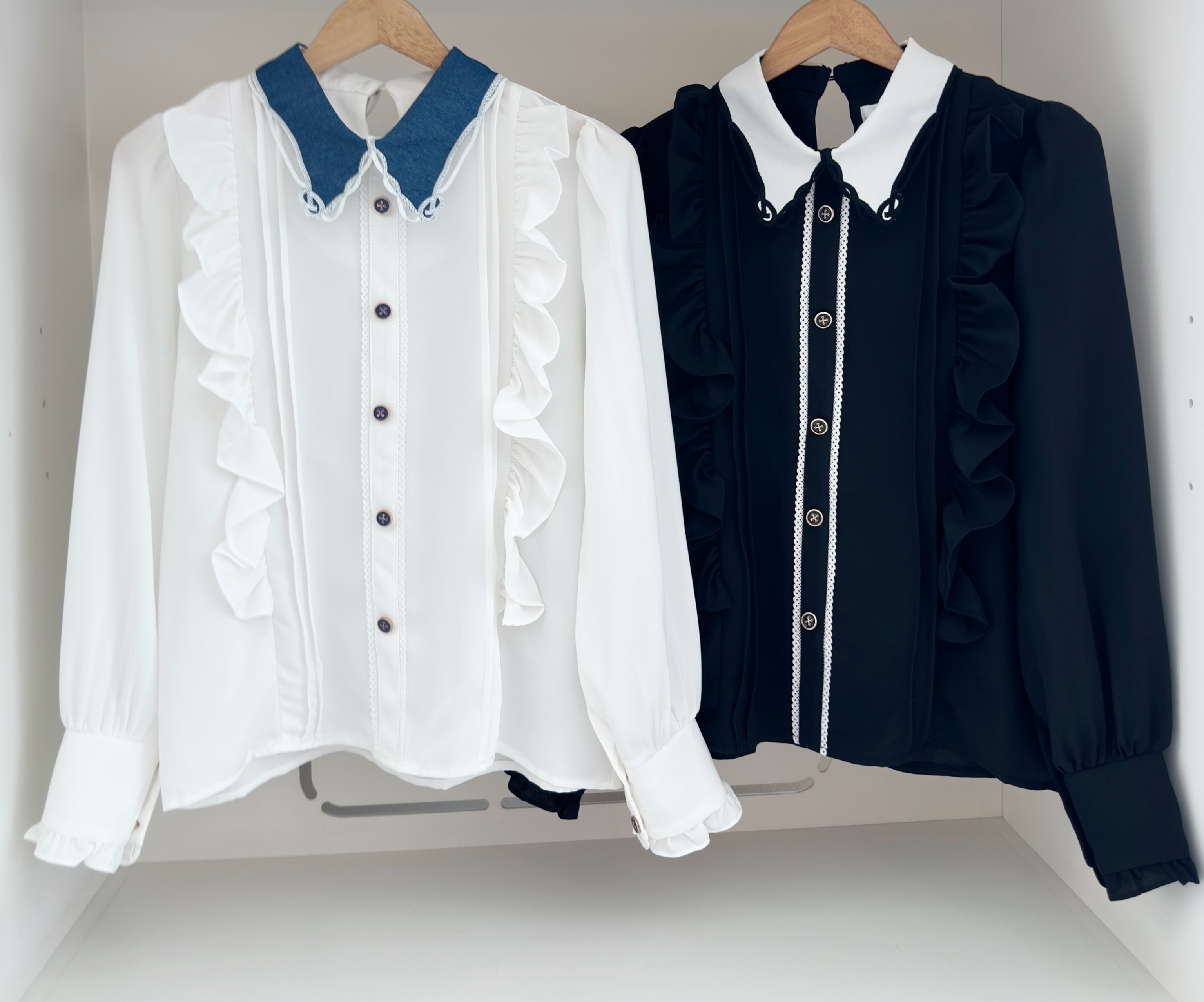 EMBROIDERED COLLAR CHIFFON LONG SLEEVE BLOUSE