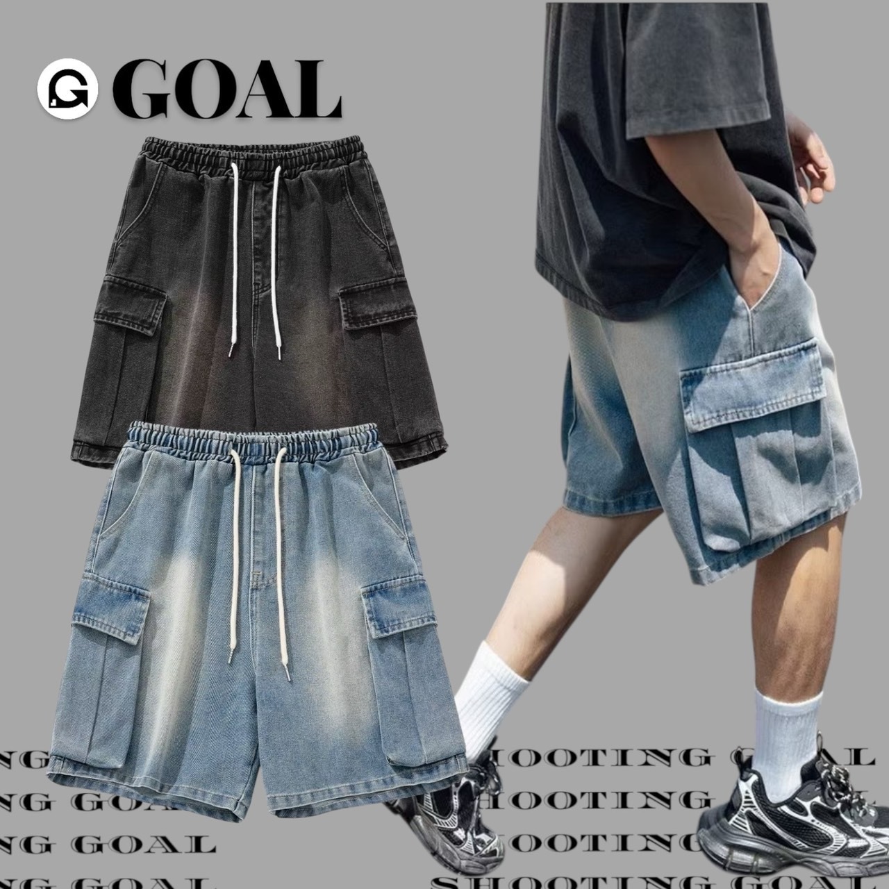 (GOAL) 復古水洗抽繩口袋工作褲 牛仔短褲 w2257