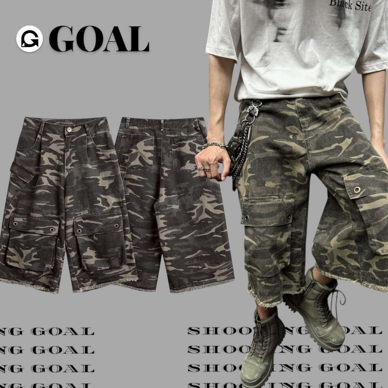 (GOAL) 大口袋不修邊迷彩工裝七分褲 N1102