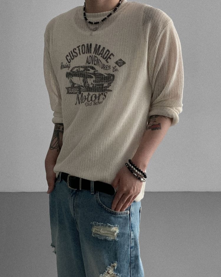 賽車圖案夏季透視針織衫