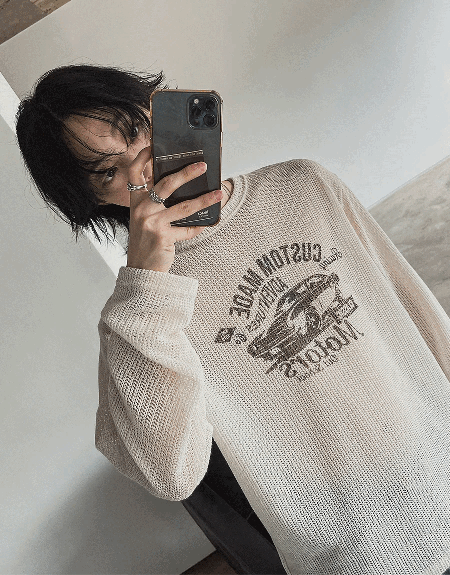 賽車圖案夏季透視針織衫