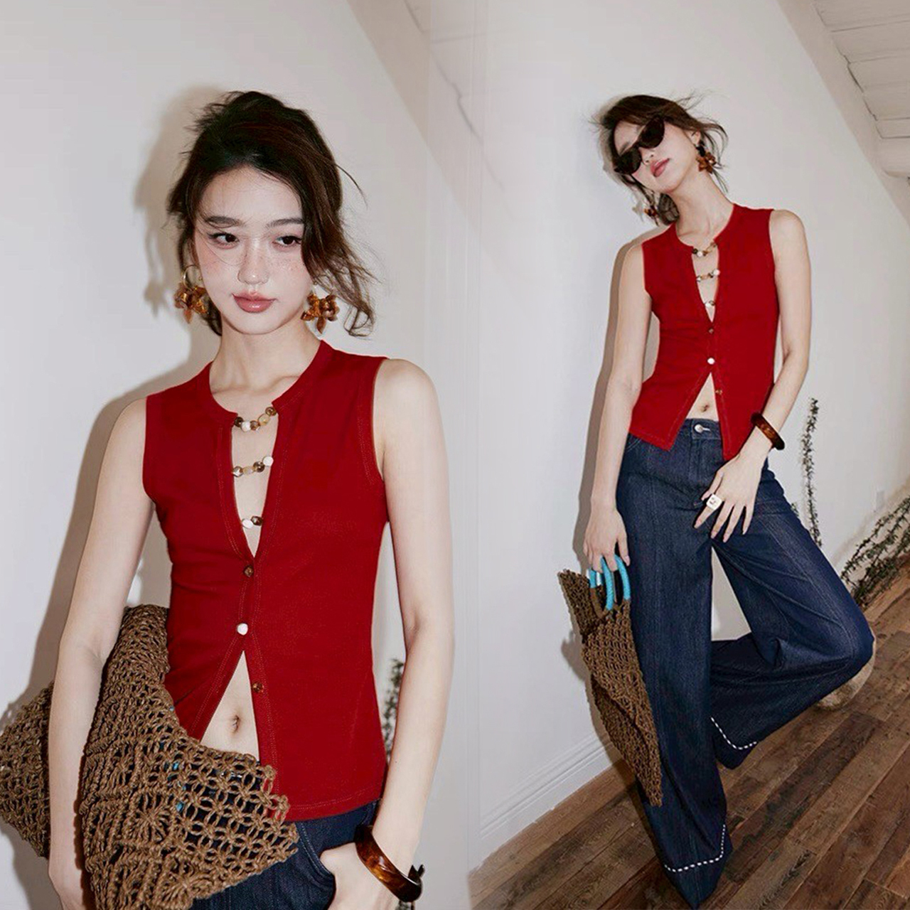 顯白紅球球釦環造型圓領無袖上衣XS-L (Elegant & Love)