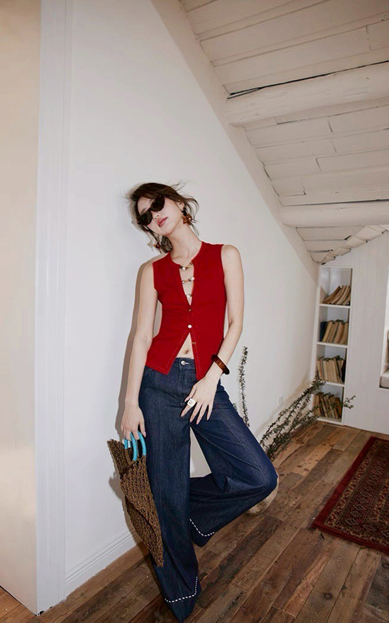 顯瘦深藍色下擺滾邊造型牛仔褲XS-L (Elegant & Love)