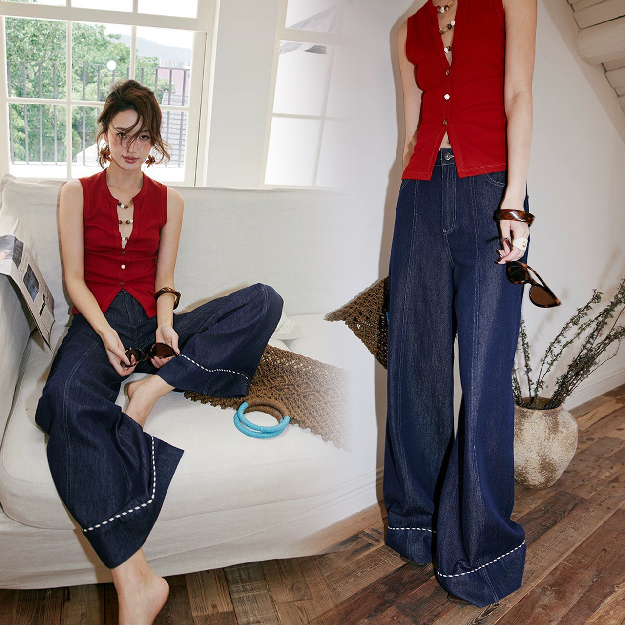 顯瘦深藍色下擺滾邊造型牛仔褲XS-L (Elegant & Love)