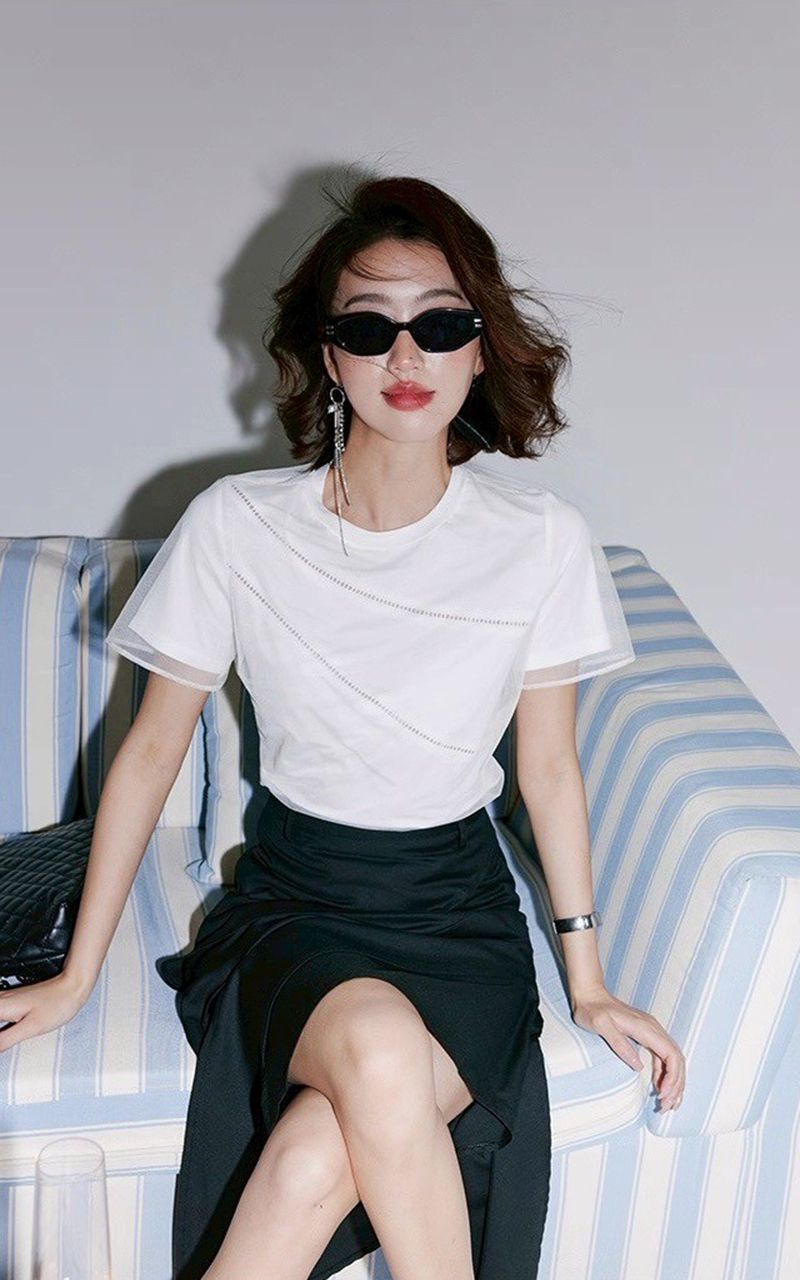 雲朵白雙壓紋雙層網紗圓領短袖上衣XS-L (Elegant & Love)