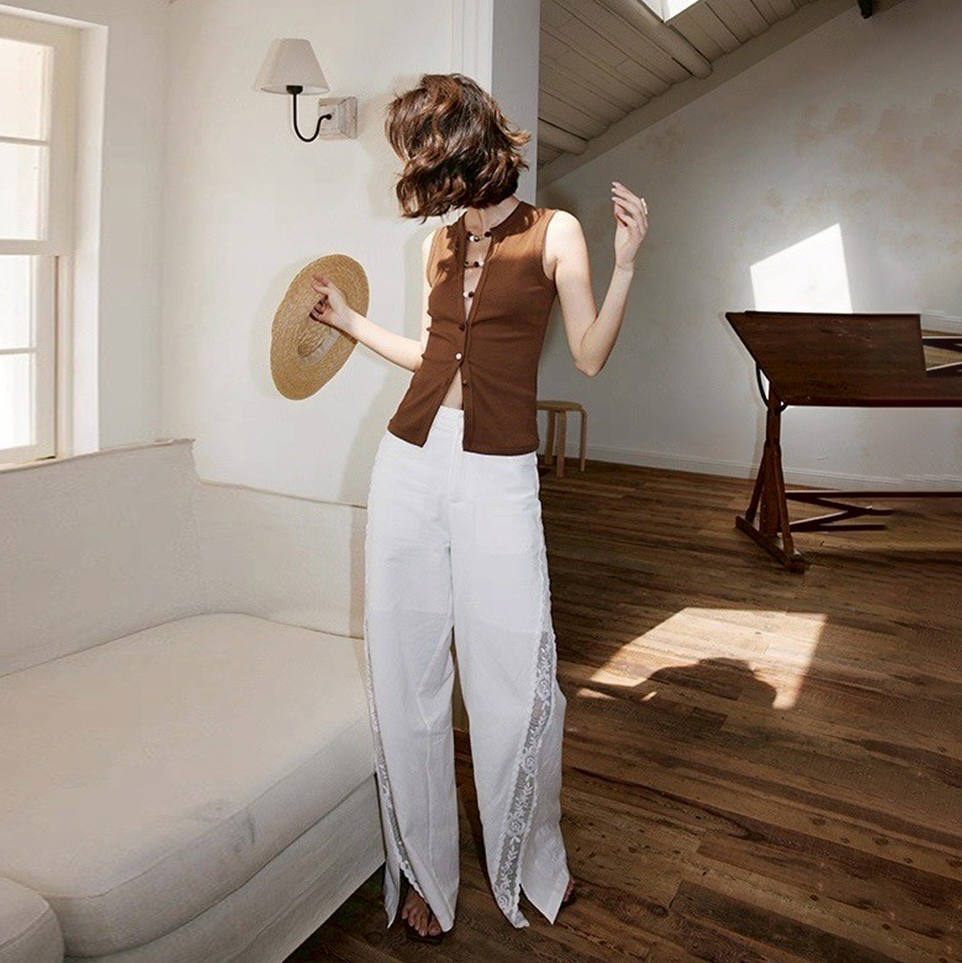 雲朵白側拼接蕾絲開衩造型長褲XS-L (Elegant & Love)