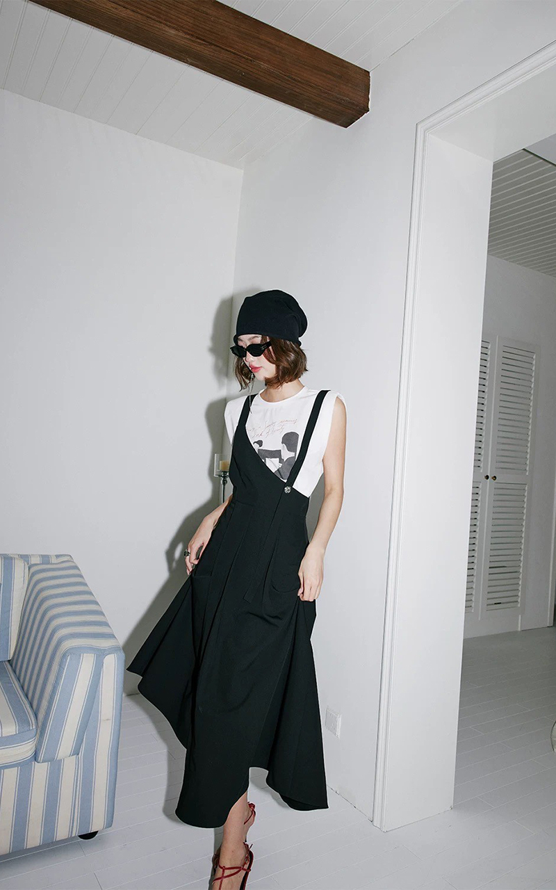 經典黑不對稱斜切裙擺吊帶裙洋裝XS-L (Elegant & Love)