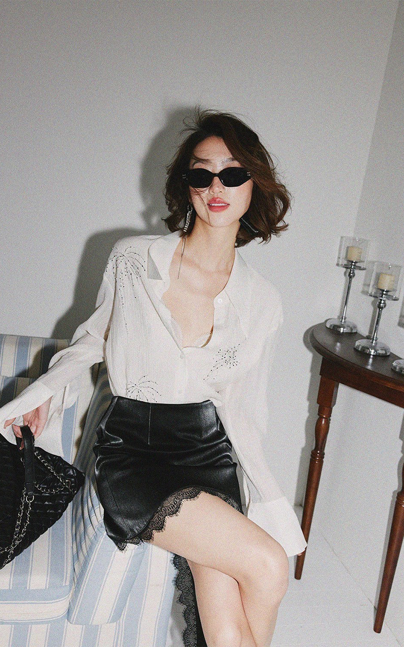 雲朵白閃鑽椰子樹翻領襯衫上衣S-M (Elegant & Love)