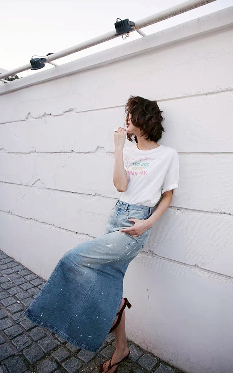 復古潑墨後開衩造型牛仔長裙XS-L (Elegant & Love)