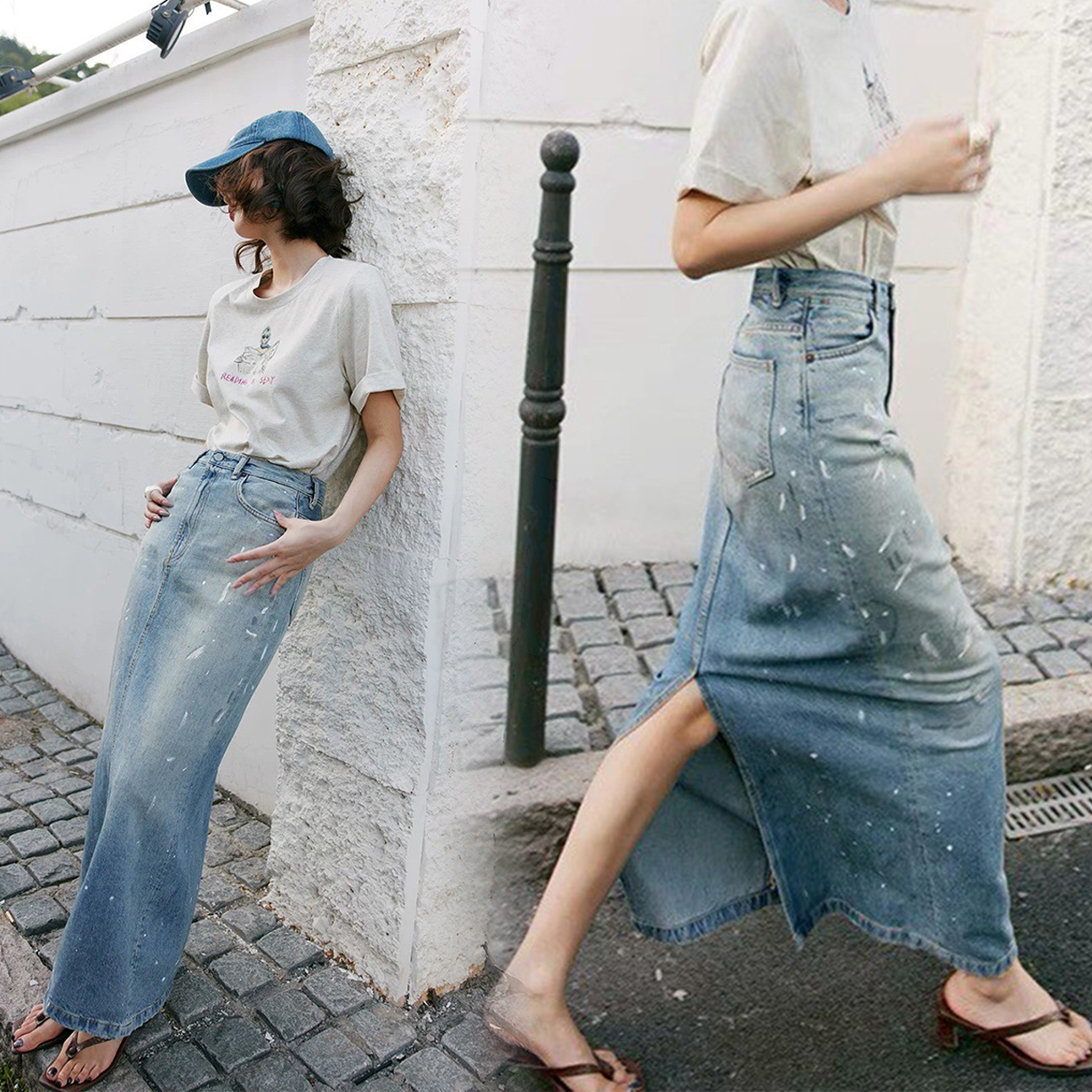 復古潑墨後開衩造型牛仔長裙XS-L (Elegant & Love)