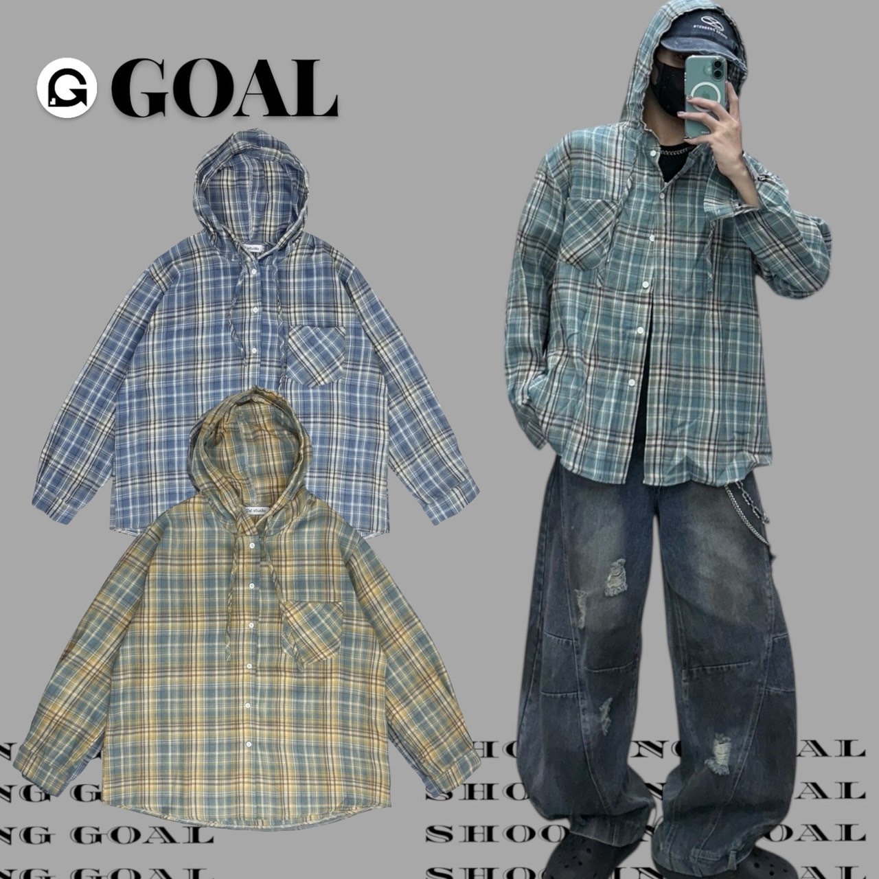 (GOAL) AR24116連帽格子長袖襯衫