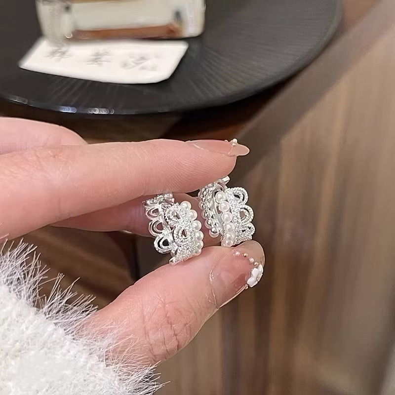 elegant高雅白銀蕾絲珍珠鑽鏤空’耳釦釘圈