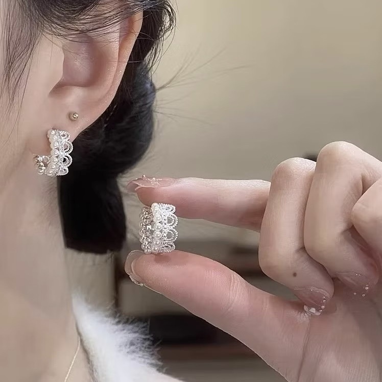 elegant高雅白銀蕾絲珍珠鑽鏤空’耳釦釘圈