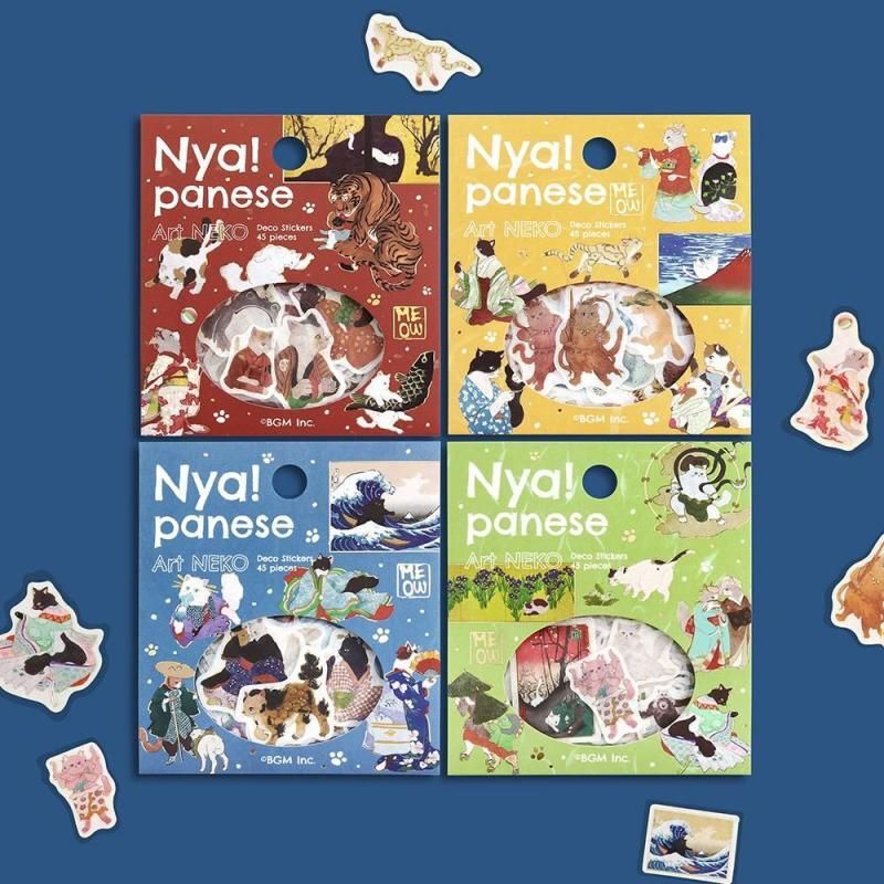 貓咪與日本浮世繪 45入箔押和紙貼紙包 IPPAI ｜日本BGM