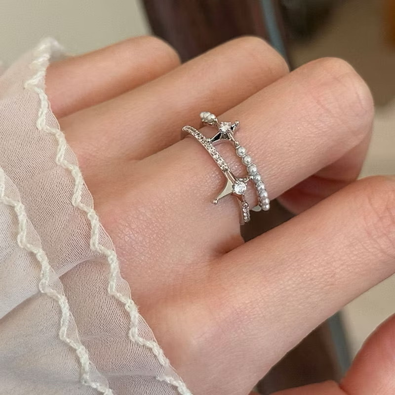 Nova shine小四芒星細緻珍珠鑽雙排開口戒