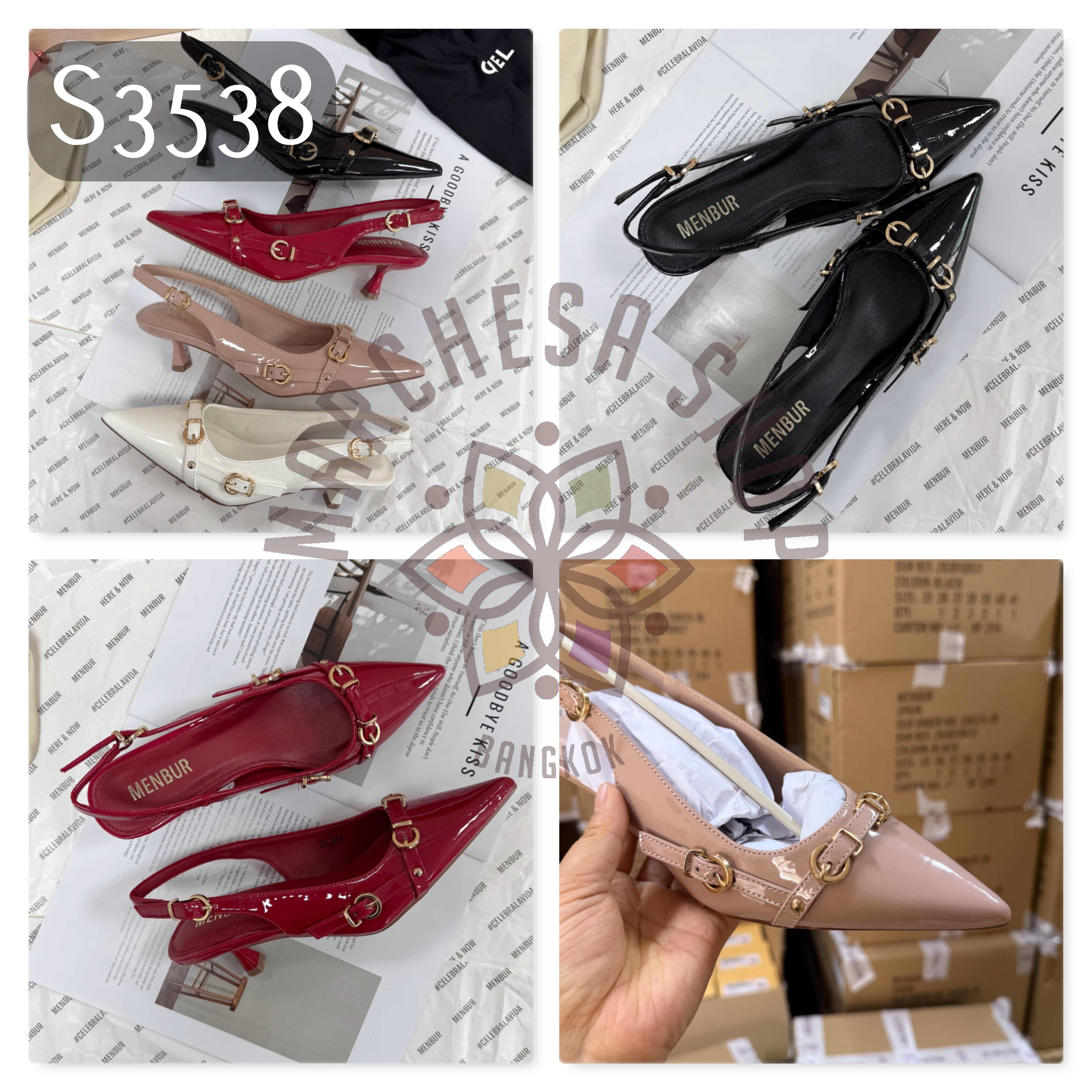 S3538 - 羊漆皮裝飾金扣尖頭低踭涼鞋