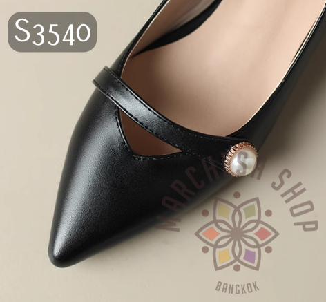 S3540 - 頭層小羊皮珍珠一字帶尖頭低踭鞋 (大小呎碼)