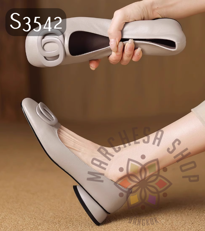 S3542 - 頭層小羊皮軟皮方型裝飾方頭平底鞋