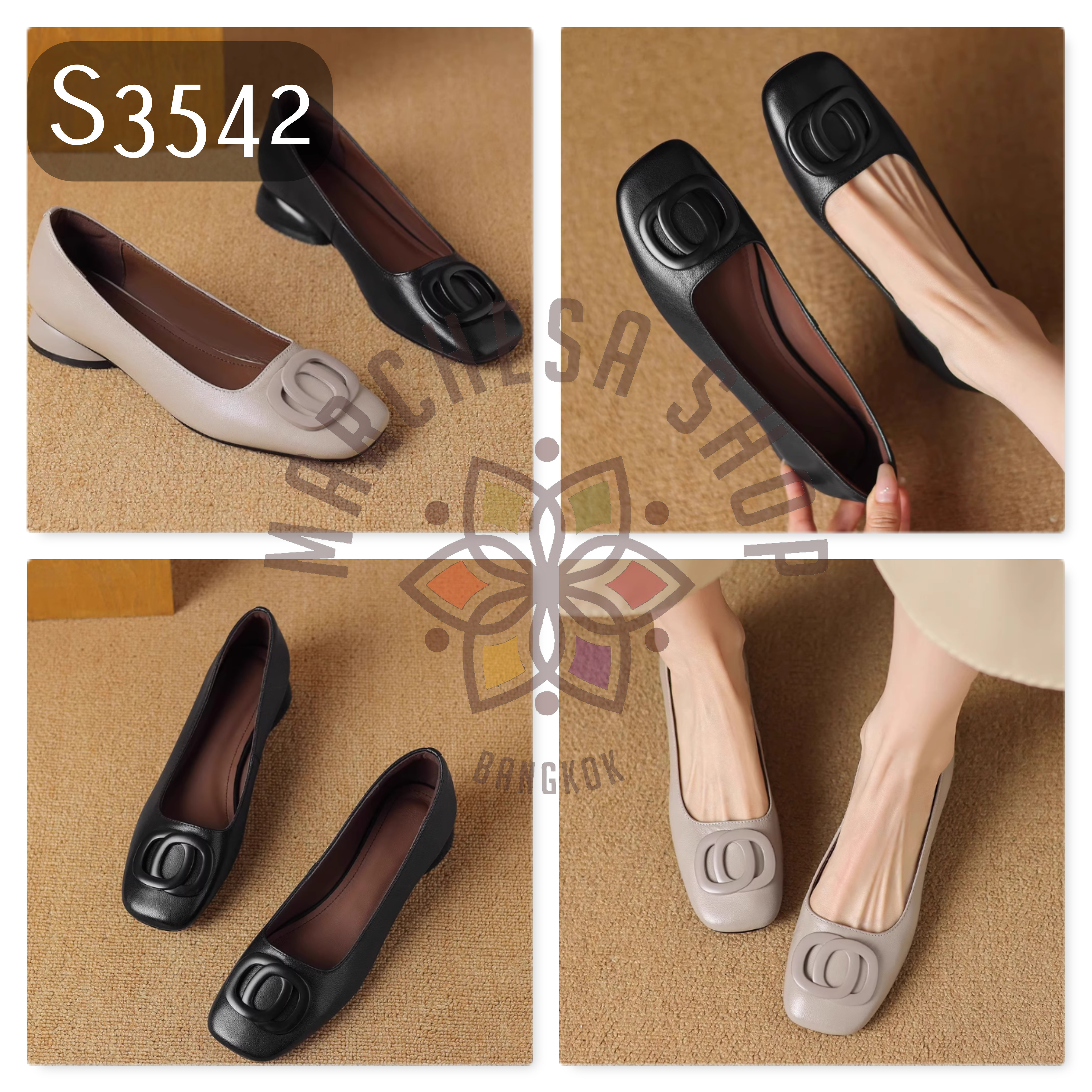 S3542 - 頭層小羊皮軟皮方型裝飾方頭平底鞋