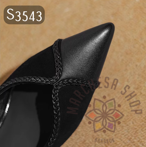 S3543 - 頭層小羊猄拼皮交叉編織尖頭低踭鞋