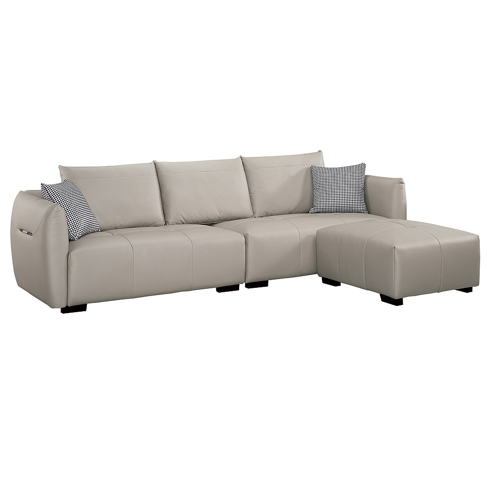 卡芮娜L型淺灰色貓抓布面沙發組-附抱枕(三人座+腳椅)