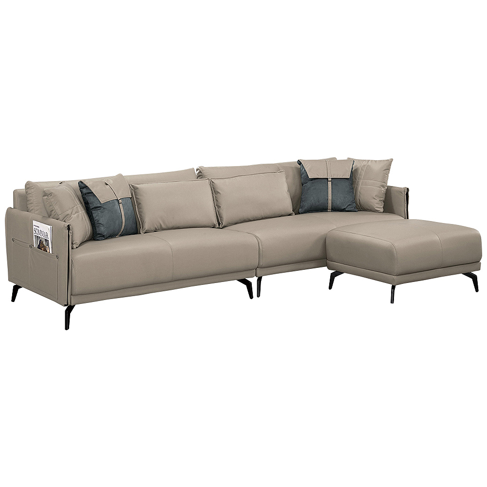 莫伊特L型棕灰色貓抓布面沙發組-附抱枕(三人座+腳椅)