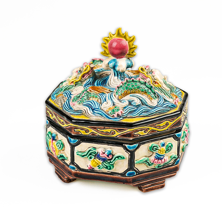 鹿港窯禮品館｜交趾陶雙龍百寶盒 多功能 印泥盒 文具盒