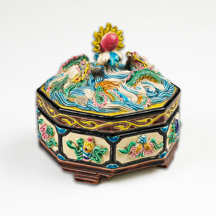 鹿港窯禮品館｜交趾陶雙龍百寶盒 多功能 印泥盒 文具盒