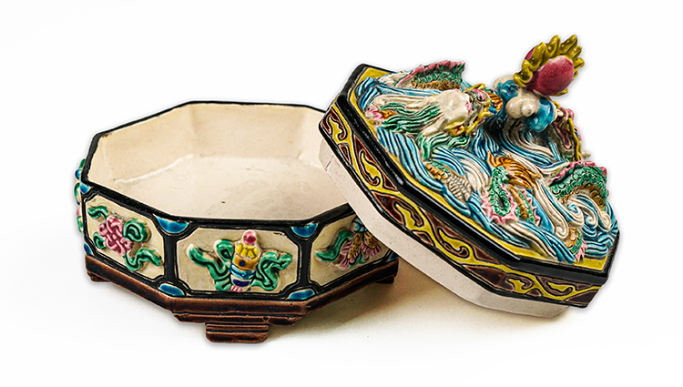 鹿港窯禮品館｜交趾陶雙龍百寶盒 多功能 印泥盒 文具盒