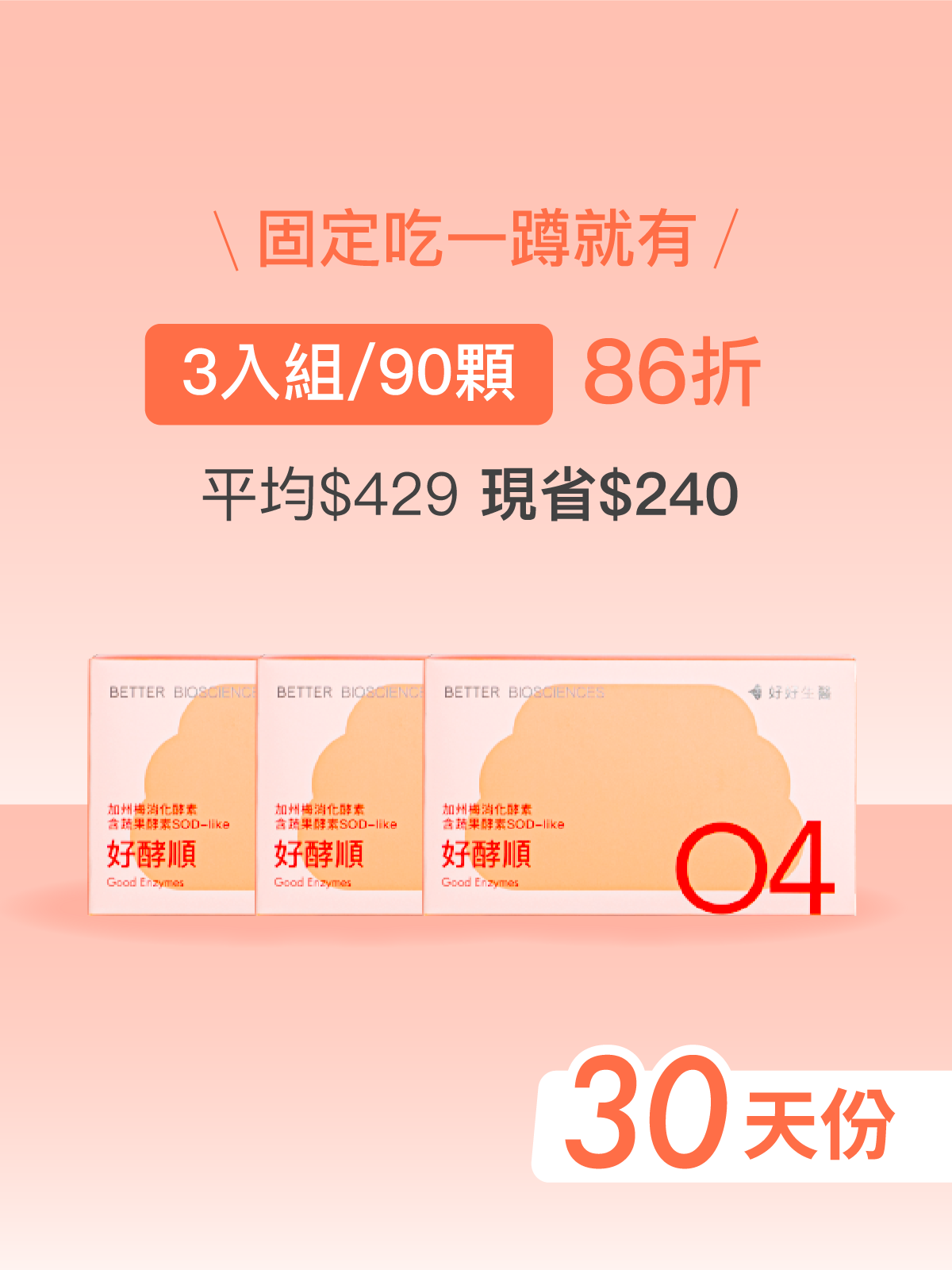 【好組合】好酵順－加州梅消化酵素 含蔬果酵素SOD-like＿3入組（90顆）【JOYCOSMOS專區】