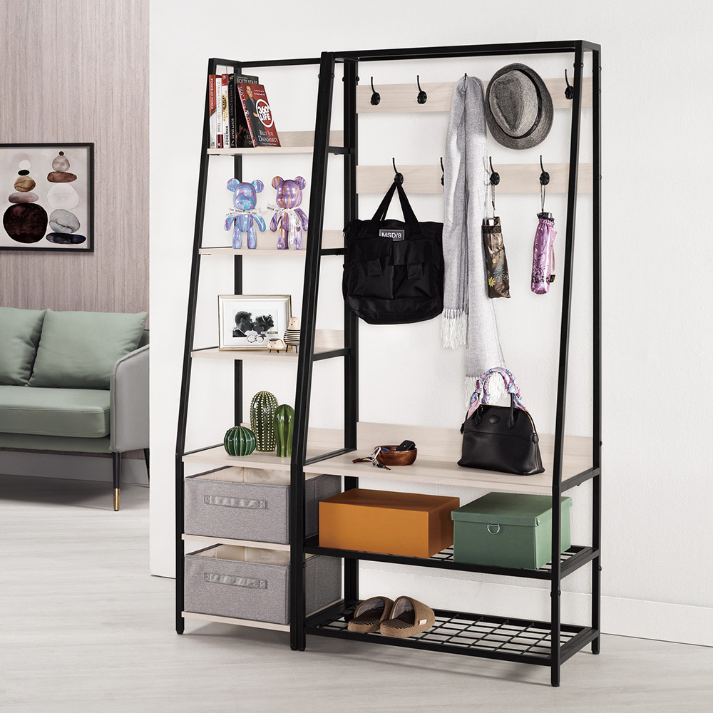 巴拉多功能玄關置物架/衣帽架/開放式收納架-附收納盒