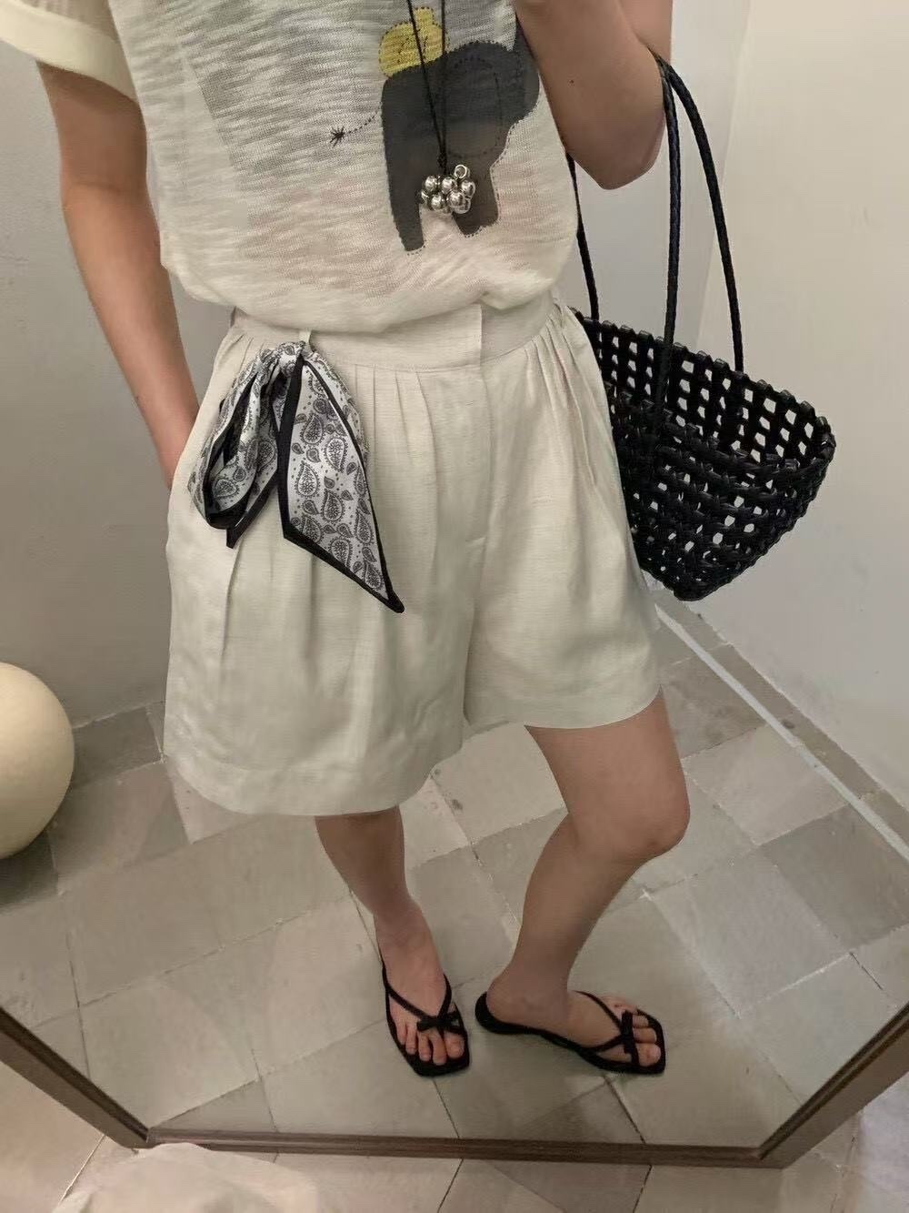 5053 後腰鬆緊棉麻短褲配絲巾