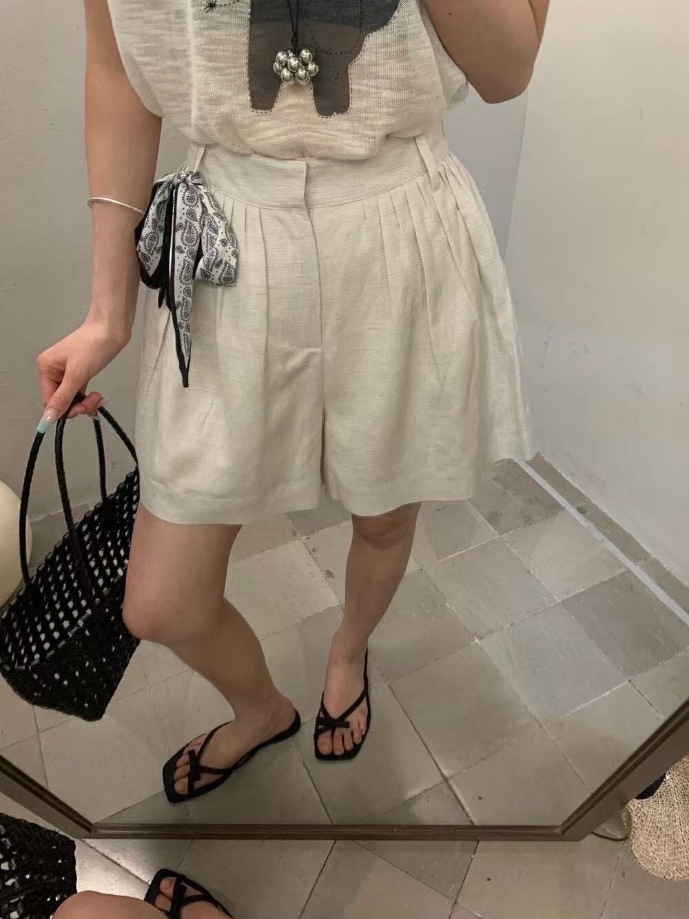 5053 後腰鬆緊棉麻短褲配絲巾