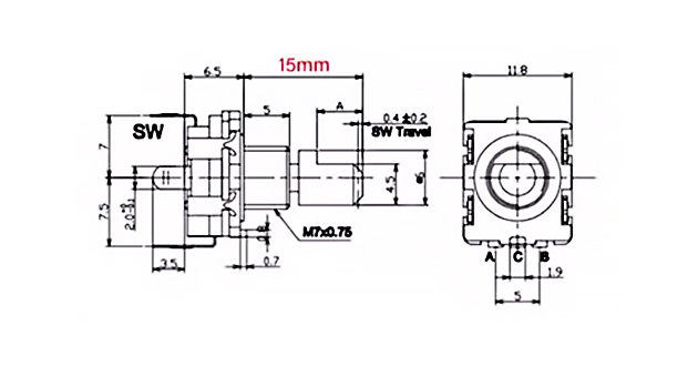 EC11 旋轉編碼器 帶開關,尺寸規格,半軸柄