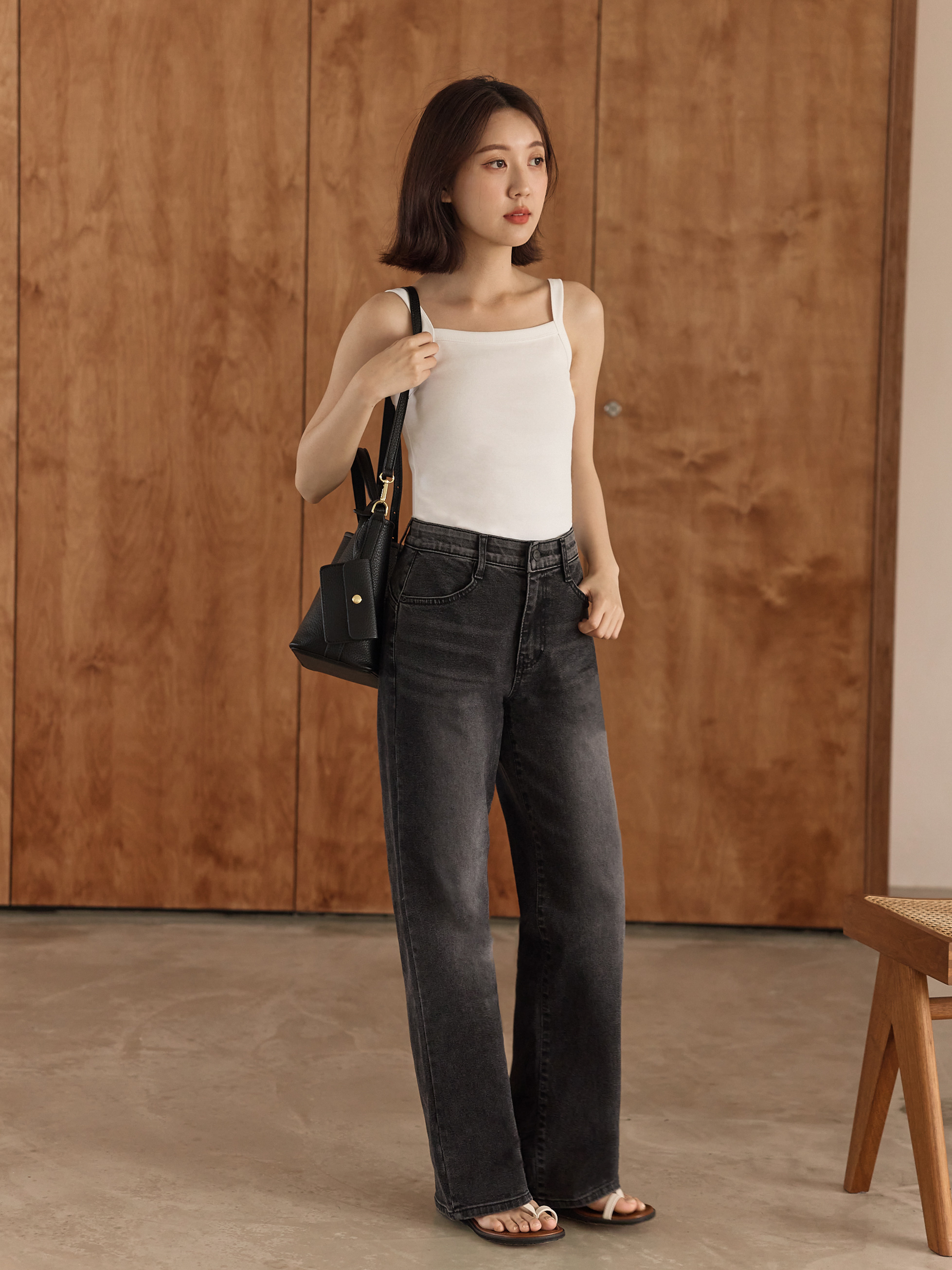 推薦款 高腰霧黑丹寧直筒褲