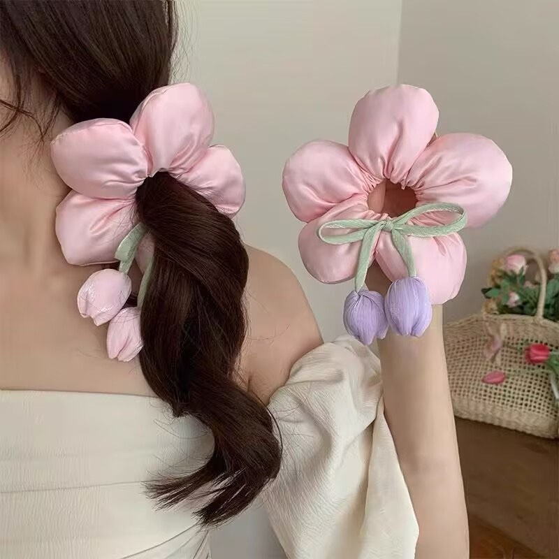 Tulip Flower Ribbon Fluffy Scrunchies