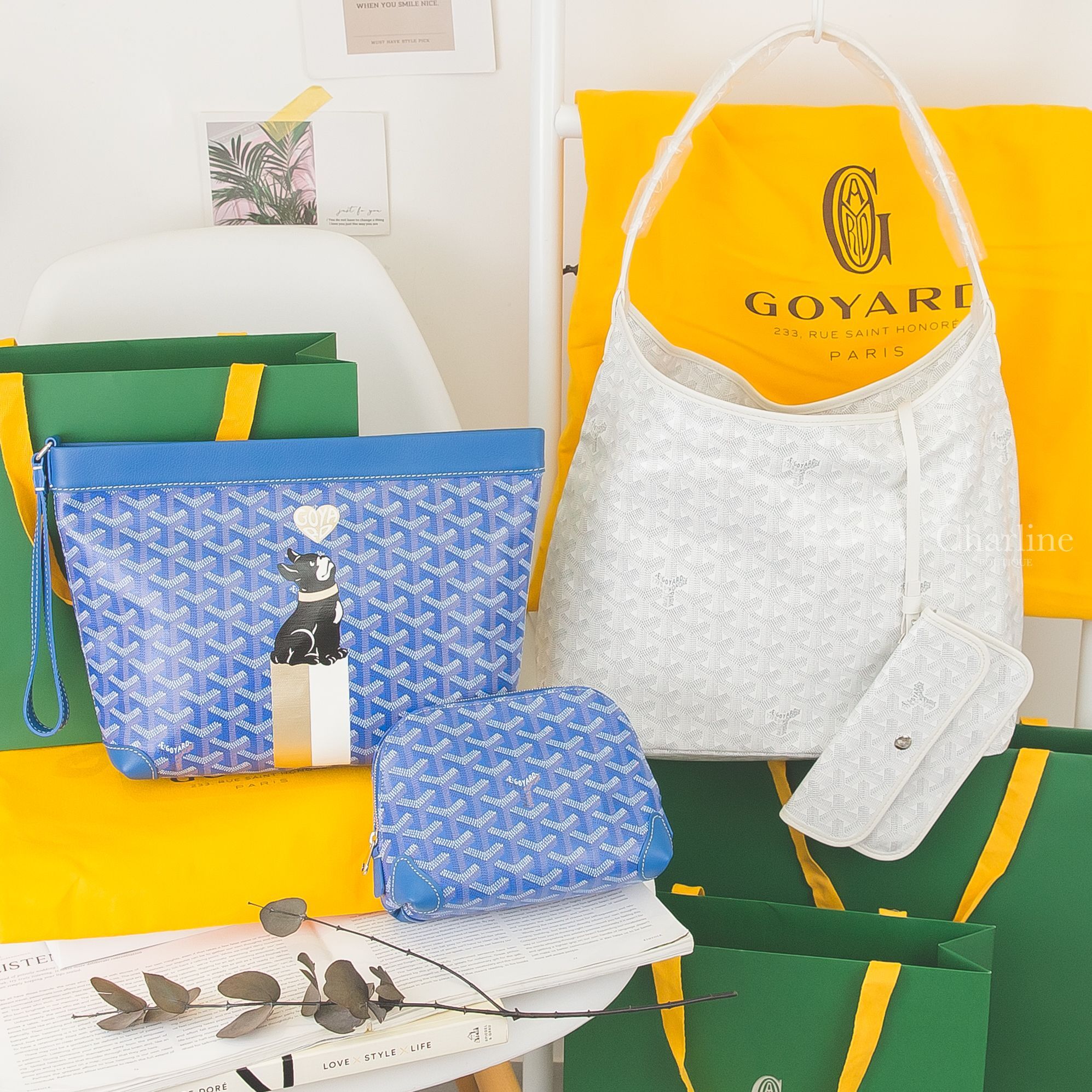 Goyard Conti Pouch 天空藍客製化金銅色愛心黑法鬥白金線條彩繪小牛皮拉鍊掛繩手拿包,Goyard Vendôme 天空藍化妝包,Goyard Bohème Hobo 白色帆布小牛皮肩背包-Charline Boutique 精品代購
