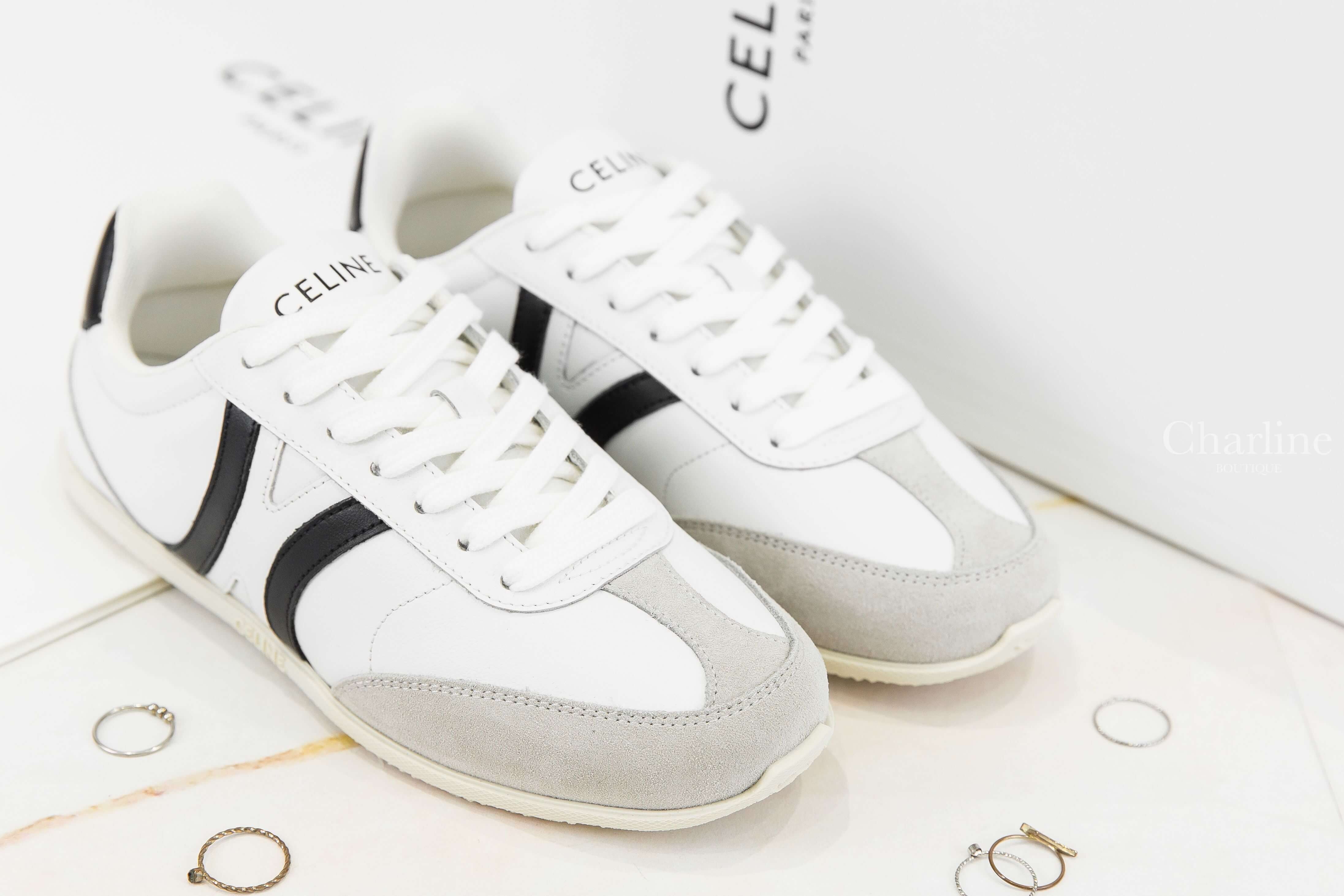 Celine Celine Jogger Low Lace-up Sneaker In Calfskin & Suede Calfskin 光學白黑字凱旋門黑色線條小牛皮拼灰色麂皮低筒運動鞋