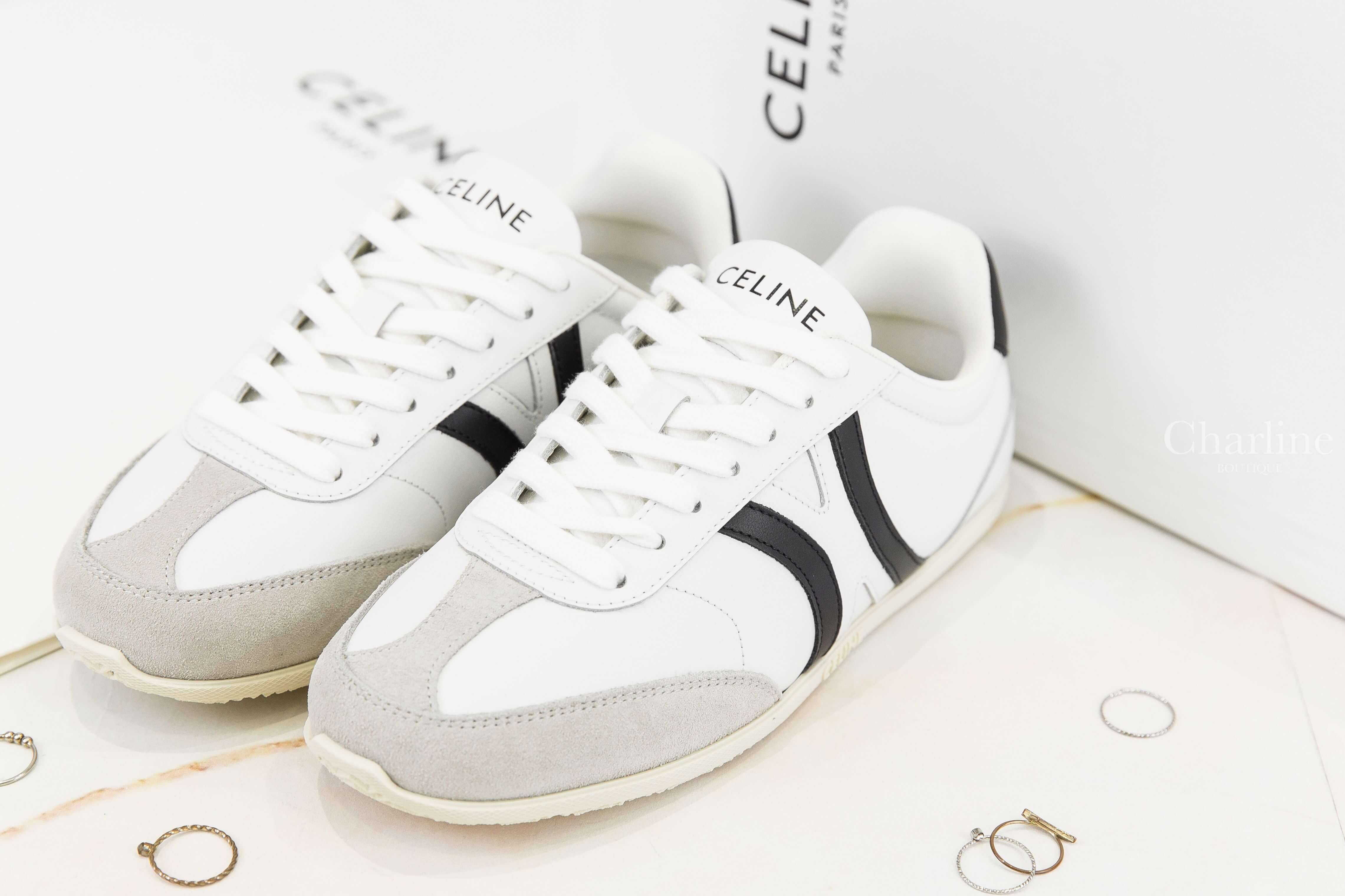 Celine Celine Jogger Low Lace-up Sneaker In Calfskin & Suede Calfskin 光學白黑字凱旋門黑色線條小牛皮拼灰色麂皮低筒運動鞋-Charline Boutique 精品代購