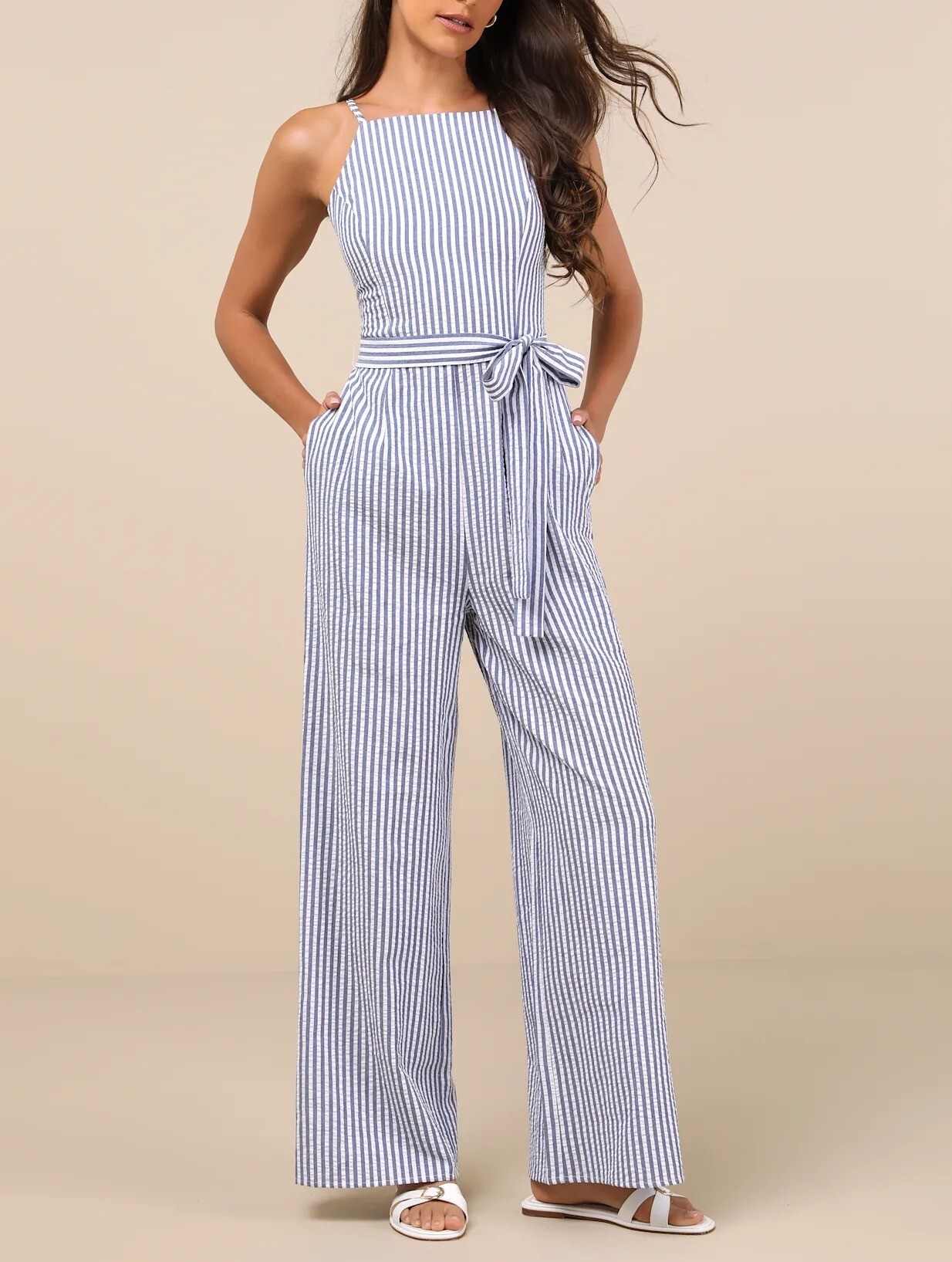White Blue藍白色條紋腰綁帶連身長寬褲